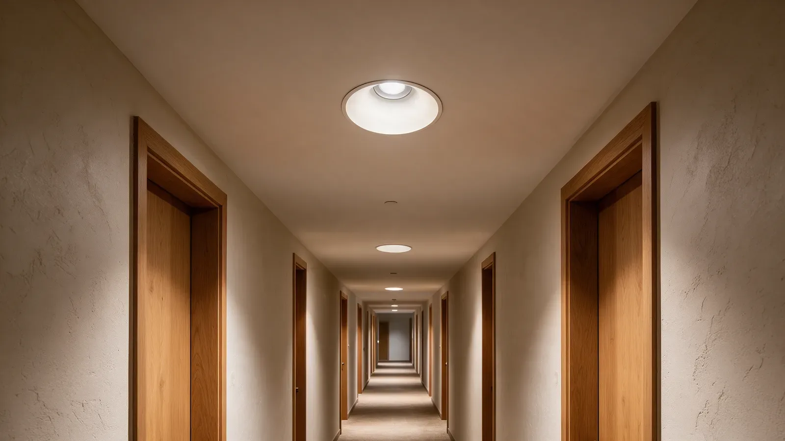 Couloir d’hôtel avec spots circulaires encastrés à réflecteur profond, portes en chêne et enduit texturé.
