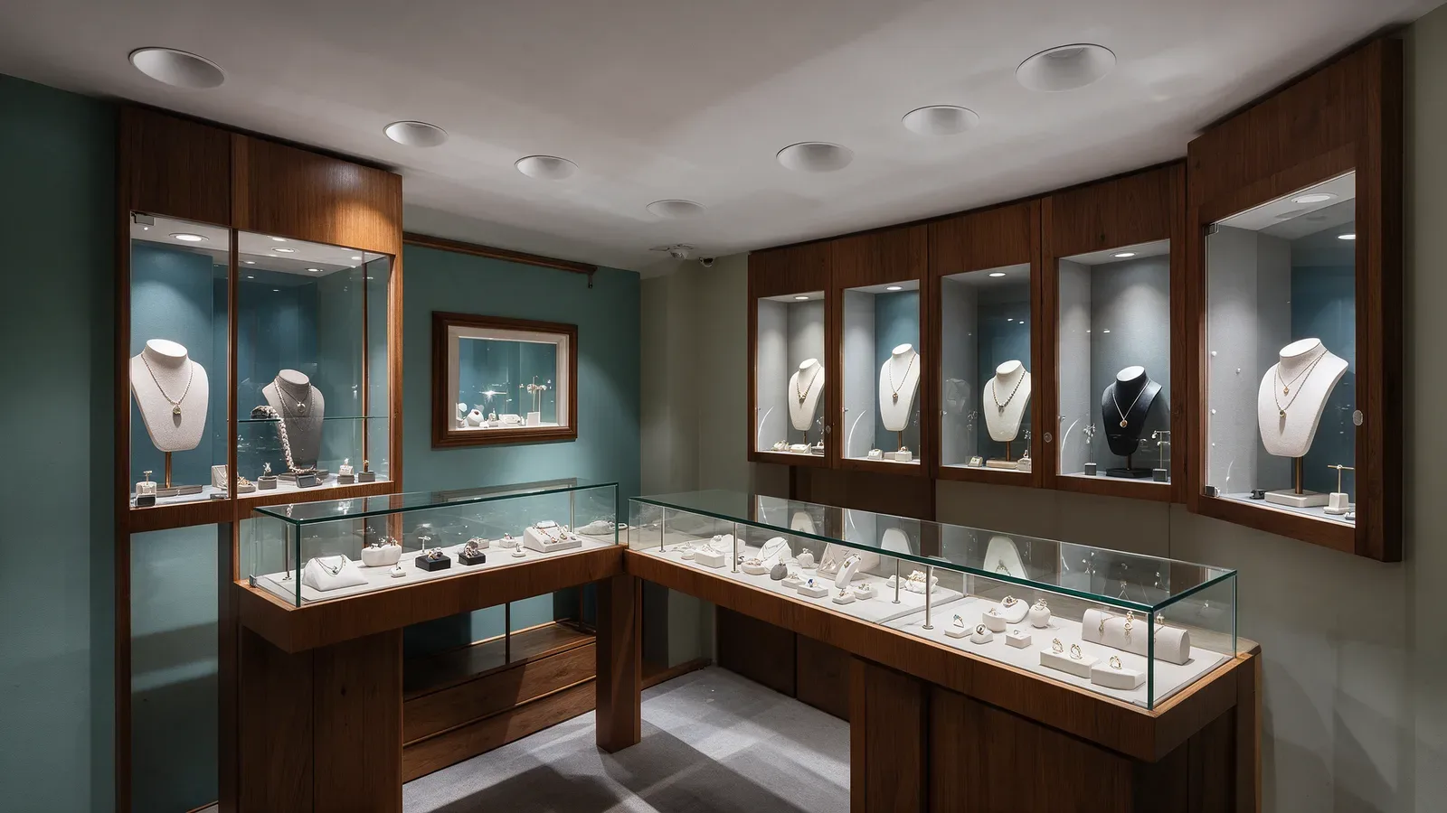 Boutique de joaillerie avec vitrines en verre, menuiseries soignées et spots encastrés à faisceau maîtrisé.